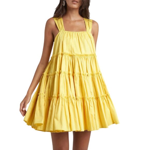 Aje Le Mempris Tiered Mini Dress Womens 4 Citrus Yellow Lemon Cotton Sleeveless - Picture 1 of 13